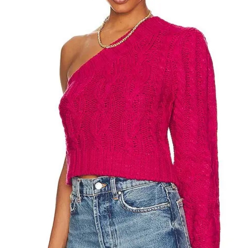 NWT For Love And Lemons Fuchsia Cable Knit Sweater asymmetrical one shoulder szM